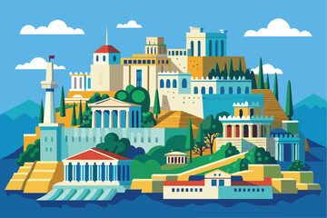 Obraz premium Explore a vibrant depiction of Athens with its iconic structures, lush greenery, and blue skies, showcasing the city's rich history and culture
