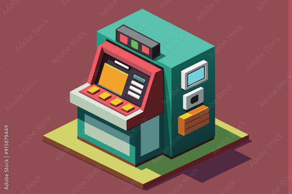Poster A customizable ATM machine stands in isometric style, showcasing bright colors and various interfaces for user interaction
