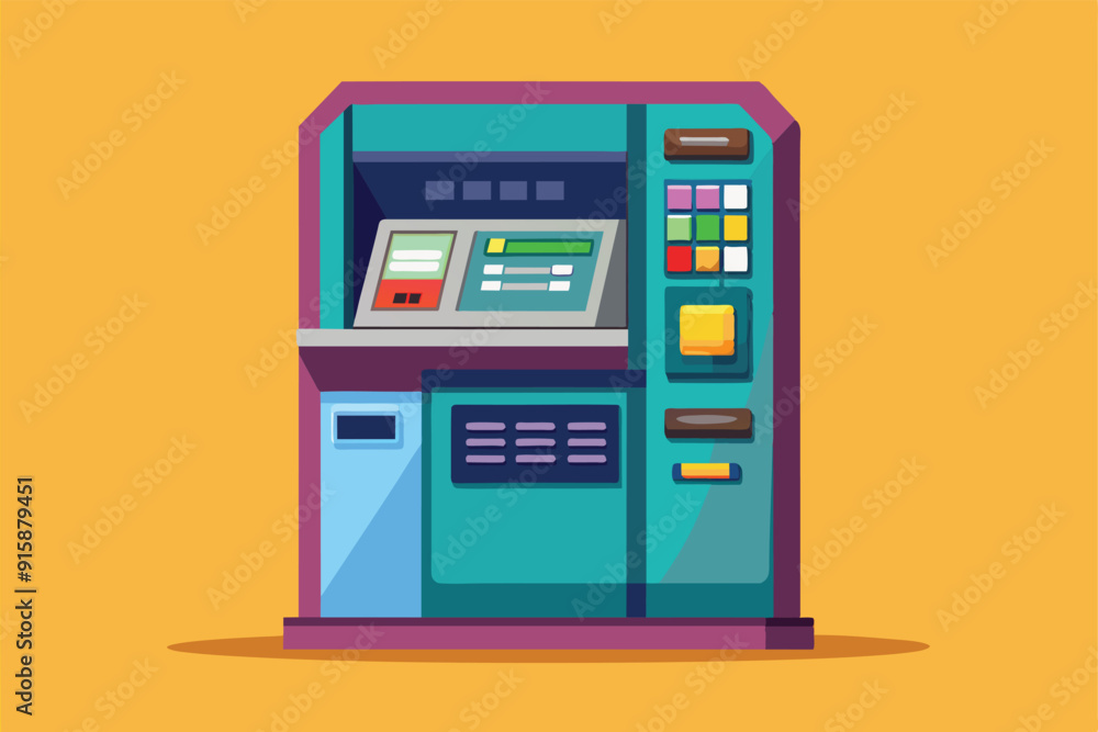 Poster a colorful and modern atm machine design ready for customization, showcasing user-friendly features 
