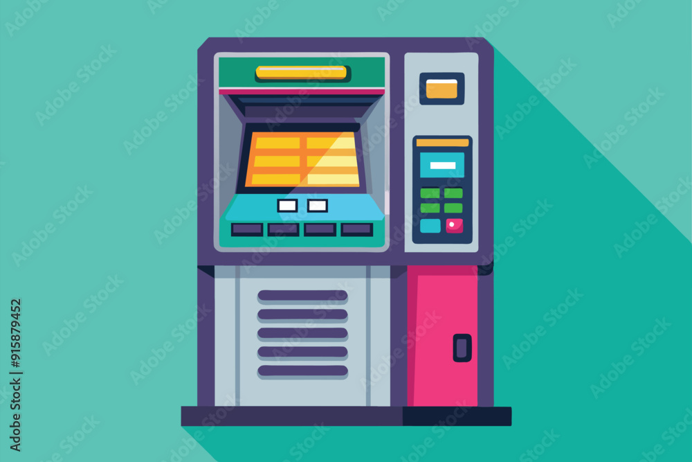 Poster a flat illustration of a customizable atm machine designed with vibrant colors for use in various ba