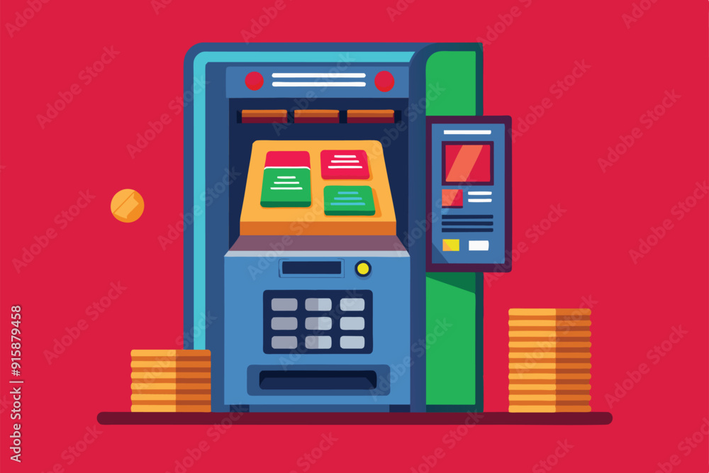 Poster a customizable atm machine stands prominently, featuring a colorful interface and stacks of coins be