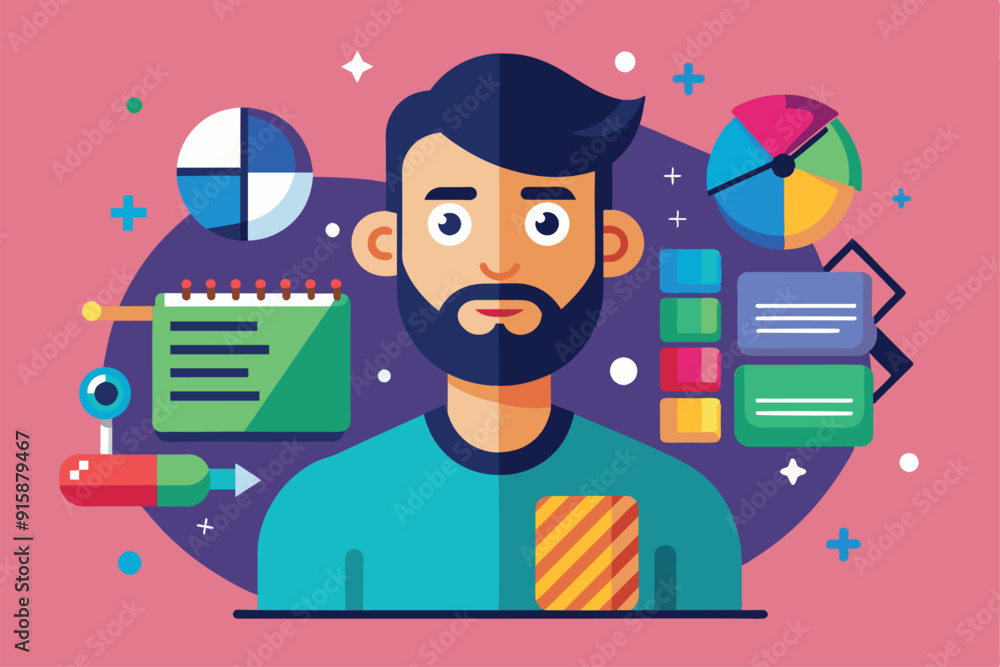 Poster a person with a beard focuses on designing visual data using colorful charts and graphics in a brigh