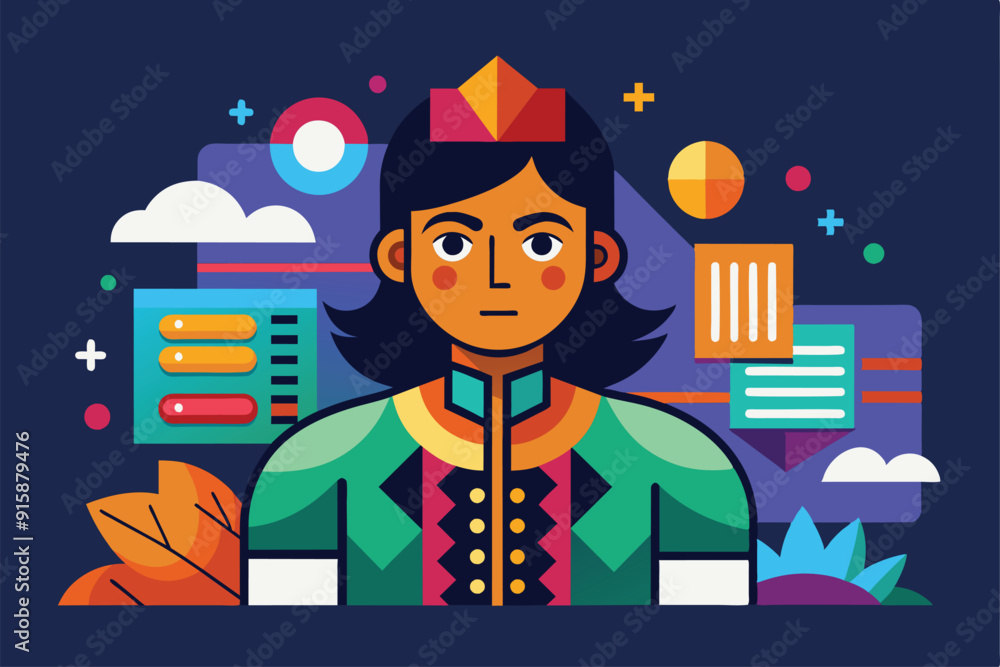 Poster a character stands confidently in a vibrant abstract setting filled with geometric shapes, data disp
