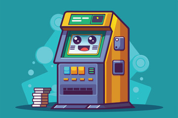Obraz premium A cartoon ATM machine features a cheerful face and colorful buttons, alongside neatly piled coins, set against a vibrant blue background