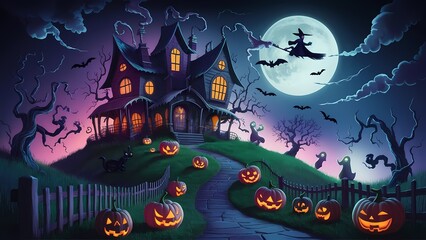 an enchanting Halloween scene with a haunted house on a hill, glowing jack-o'-lanterns, twisted trees, playful ghosts, a full moon, a witch on a broomstick, and eerie yet vibrant colors
