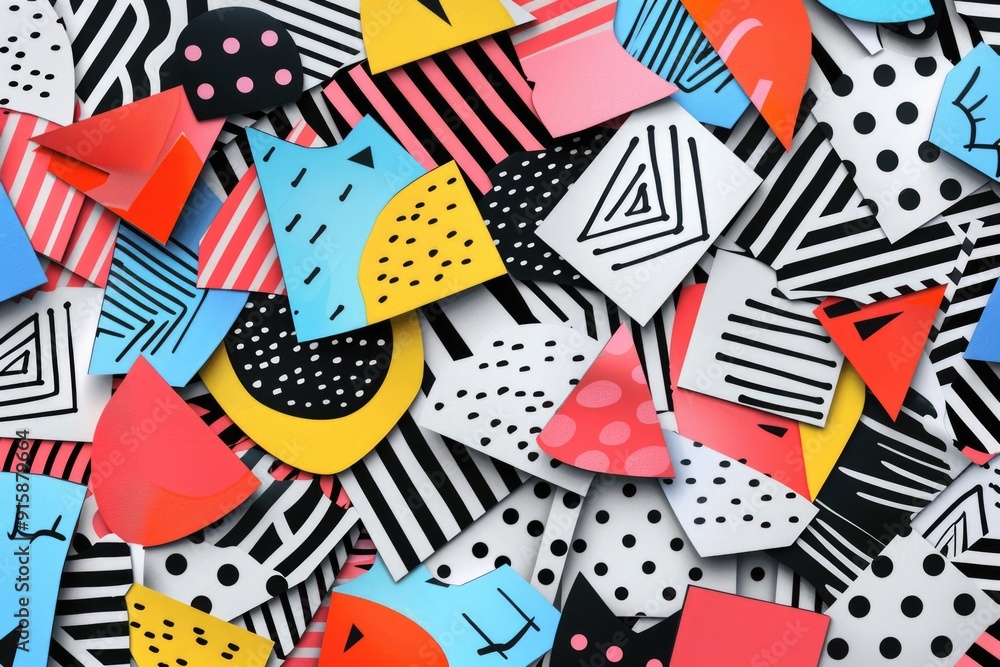 Poster a collection of colorful paper shapes against a simple black and white background, ideal for use in 