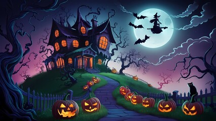 an enchanting Halloween scene with a haunted house on a hill, glowing jack-o'-lanterns, twisted trees, playful ghosts, a full moon, a witch on a broomstick, and eerie yet vibrant colors