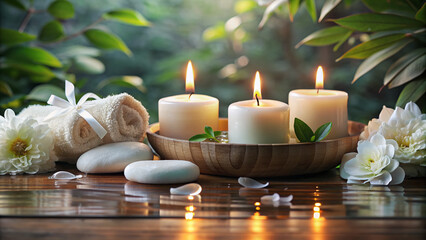 Elegant gift certificate with a serene spa background, adorned with gentle candlelight, soft petals, and tranquil water elements, conveying relaxation and rejuvenation.