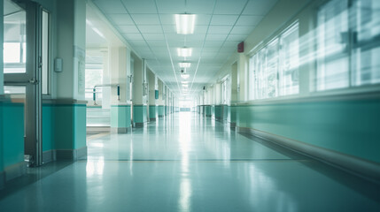 A bright, empty corridor in a hospital, emphasizing cleanliness and spaciousness.