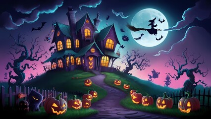 an enchanting Halloween scene with a haunted house on a hill, glowing jack-o'-lanterns, twisted trees, playful ghosts, a full moon, a witch on a broomstick, and eerie yet vibrant colors