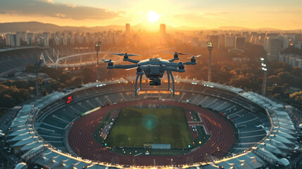 A drone espionage in sunny weather near stadium. Generative AI.
