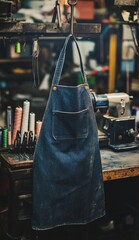 Naklejka premium Cowboy Apron in a Sewing Workshop: A Rustic Charm with Sewing Machines and Spools of Thread, Evoking the Essence of Craftsmanship