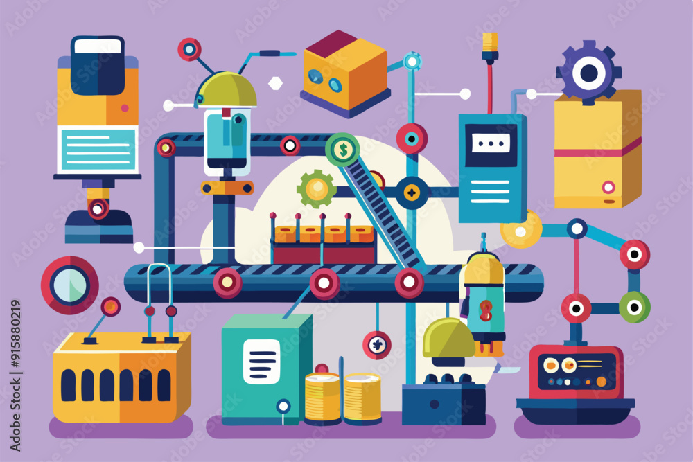 Poster a detailed representation of automated production processes featuring robotic arms, conveyor belts, 