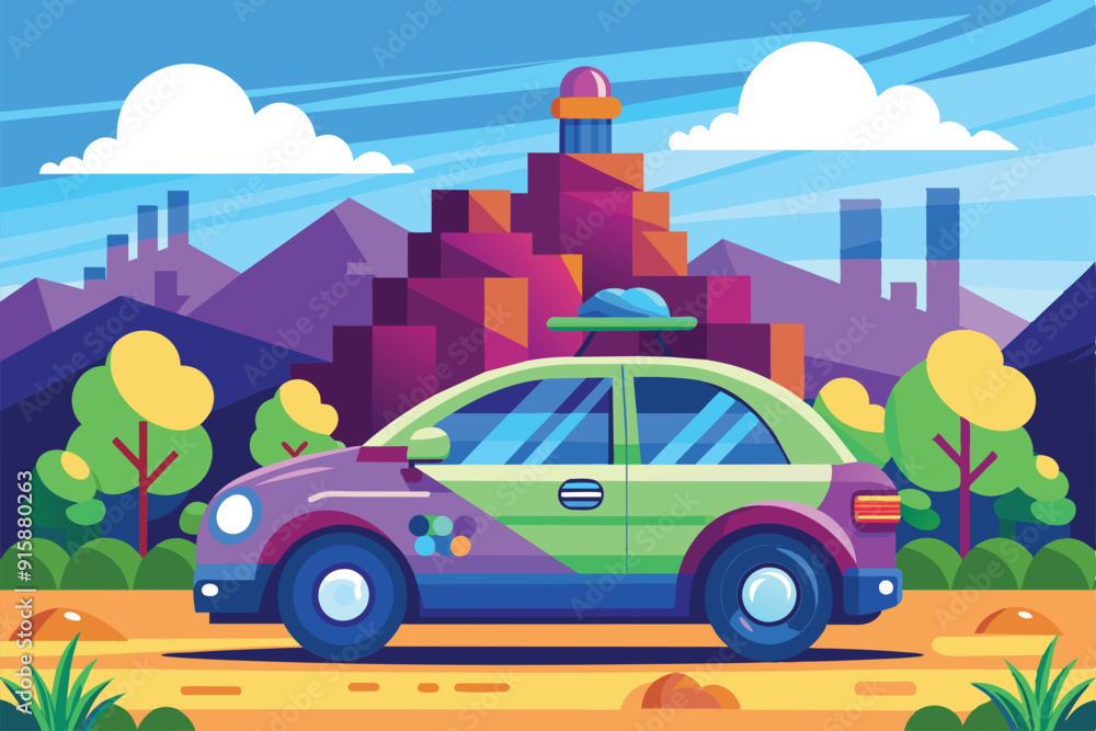 Poster a colorful, customizable autonomous car stands on a winding path with mountains, trees, and a futuri