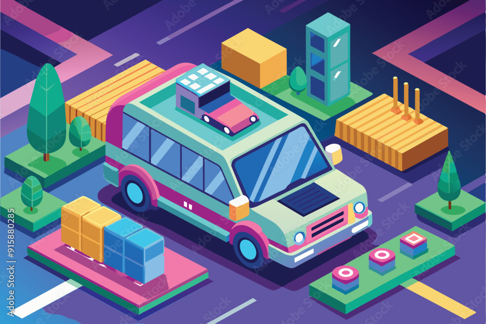 Poster a futuristic urban landscape features an autonomous vehicle surrounded by customizable elements and 
