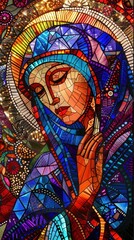 Obraz premium A tranquil woman prays adorned in vibrant stained glass colors, framed by beautiful floral patterns in a church
