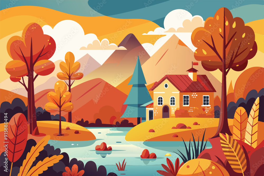 Poster a vibrant autumn setting showcases a charming house by a stream, surrounded by colorful trees and ma