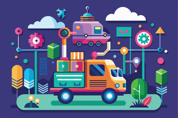 A colorful autonomous vehicle showcases advanced transportation ideas, surrounded by trees and technology-inspired elements during a sunny day