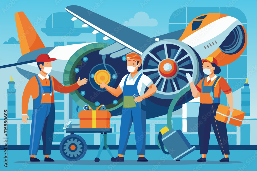Poster a team of aviation engineers discusses an engine concept while working in a modern aerospace worksho
