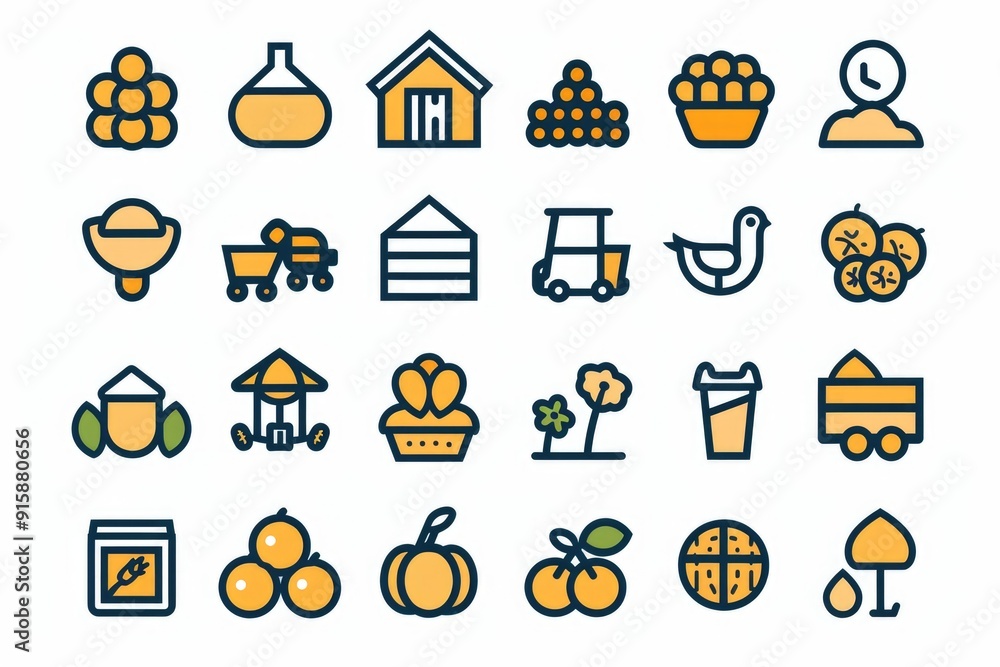 Poster collection of diverse colorful icons on a plain white surface, suitable for use in digital design, m