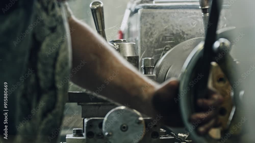 Poster close-up of a metalworker's hands operating a lathe machine in an industrial workshop, showcasing pr
