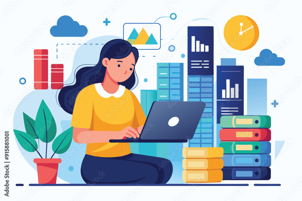 Poster a woman focuses on backing up large data files using her laptop in a contemporary office environment