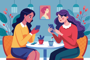 Two women are chatting on their phones at a cafe, enjoying their time together in a cozy setting filled with plants