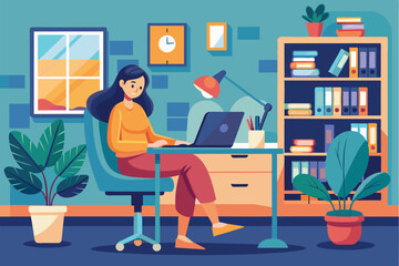 A woman sits comfortably at a desk in her study, focused on her laptop while surrounded by plants and bookshelves filled with items