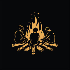 Minimalistic logo of three people sitting around a bonfire, silhouetted against a black background with an orange flame.
