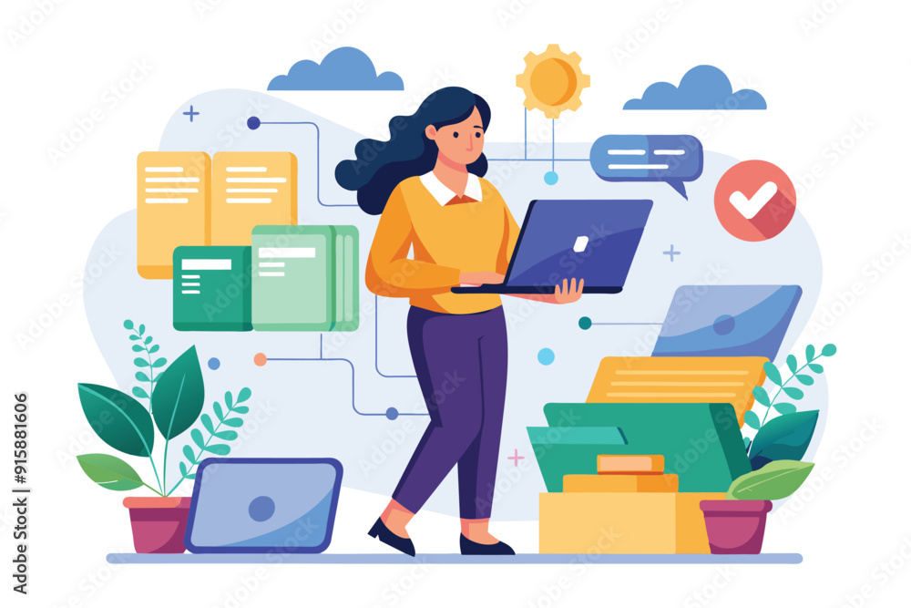 Aufkleber a woman is diligently inputting data files into a folder while managing her workspace filled with pl