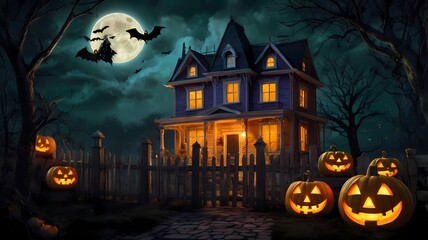 an enchanting Halloween scene with a haunted house on a hill, glowing jack-o'-lanterns, twisted trees, playful ghosts, a full moon, a witch on a broomstick, and eerie yet vibrant colors