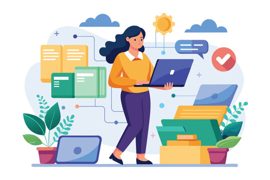 A woman is diligently inputting data files into a folder while managing her workspace filled with plants and digital tools