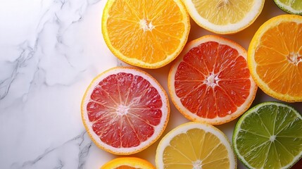 Fototapeta premium 4K Citrus fruits like oranges, lemons, and limes sliced and displayed on a white marble background, high resolution,