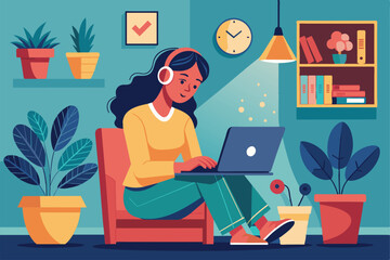 A woman engages in her work on a laptop while enjoying music in a comfortable home environment filled with plants and warm lighting