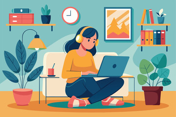 A woman sits comfortably on the floor, working on her laptop with headphones, surrounded by plants and home decor in a cozy living space