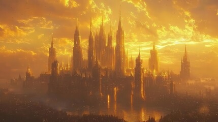 Fototapeta premium A high-resolution 4K epic scene of a golden city at sunset, with towering golden buildings and intricate architecture, glowing in the golden light,