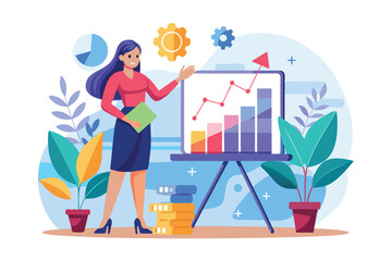 A woman presents business growth charts while standing next to colorful graphs and plants in a modern office environment