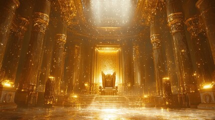 A high-resolution 4K epic scene of a golden throne room, with intricate golden decorations and a majestic throne, glowing under a soft golden light,