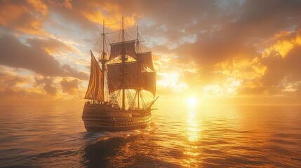 A high-resolution 4K image of a golden ship sailing through a golden sea, bathed in the light of a setting sun,