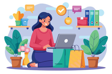 A woman sits on the floor, happily shopping online with a laptop, surrounded by plants and shopping bags in her cozy home environment