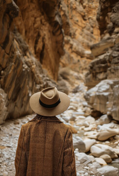 An geologist wearing a brown fedora standing at the base of a canyon looking at the rock walls