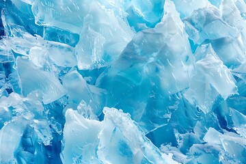 Abstract formations of glacial ice, in shades of blue and white, with sharp angles and crystalline clarity, capturing the cold, pristine beauty.