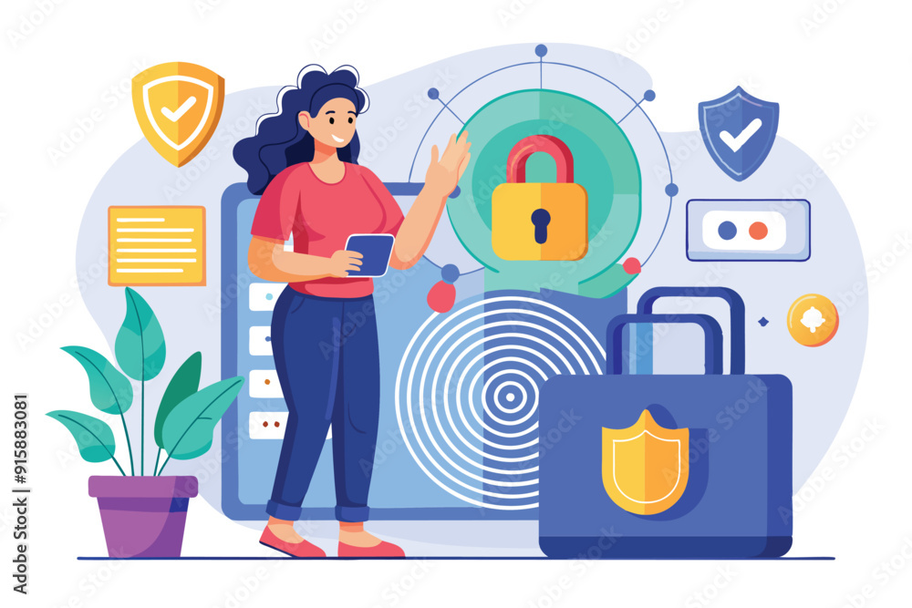 Poster a woman uses her fingerprint to access secured data while surrounded by digital security elements an
