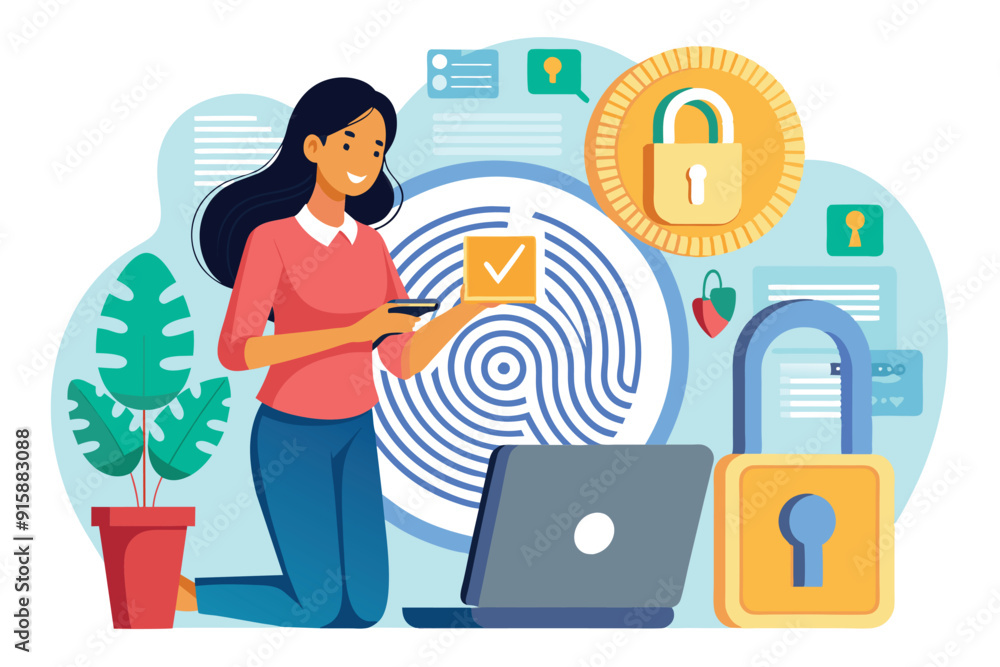 Poster a woman unlocks secured data using her fingerprint on a smartphone while working on her laptop in an
