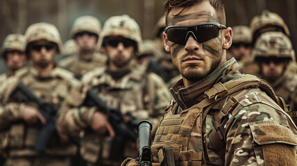 Fototapeta premium A modern soldier training with a group of recruits