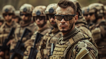 Fototapeta premium A modern soldier training with a group of recruits