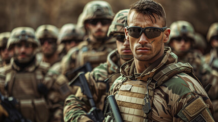 Fototapeta premium A modern soldier training with a group of recruits