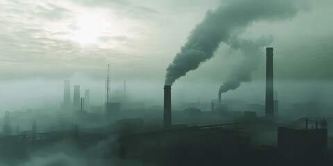 Obraz premium Smothering Smoke Envelopes a Dense Industrial Skyline, Towering Chimneys and Structures Highlight the Essence of Urban Pollution and Industrialization.