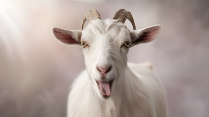 Fototapeta premium A white goat with its tongue sticking out playfully.