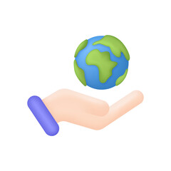 3D Hand is holding Planet Earth icon. World navigation, choice of travel destination, geographic location, trip or journey planning concept. Trendy and modern vector in 3d
